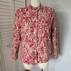 Notations Red Beige Embroidered Floral Shacket Size XL Vtg Boho Lagenlook Artsy